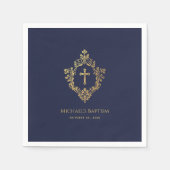 Serviette En Papier Crest Boy Baptism Marine Bleu Elégant Faux Gold Fo (Devant)