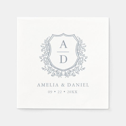 Serviette En Papier Crest Dusty Blue Monogram Mariage Élégant (Devant)