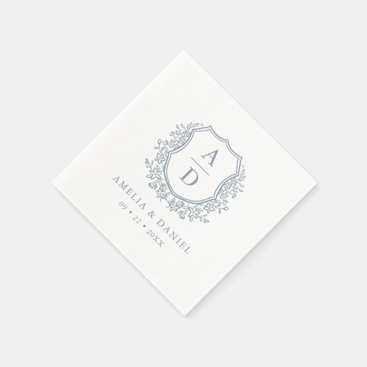 Serviette En Papier Crest Dusty Blue Monogram Mariage Élégant (Coin)
