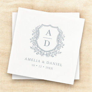 Serviette En Papier Crest Dusty Blue Monogram Mariage Élégant