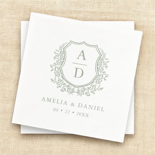Serviette En Papier Crest Moderne Monogramme Mariage Sage Vert