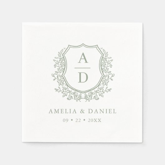 Serviette En Papier Crest Moderne Monogramme Mariage Sage Vert (Devant)