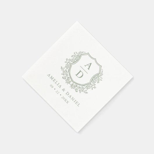 Serviette En Papier Crest Moderne Monogramme Mariage Sage Vert (Coin)
