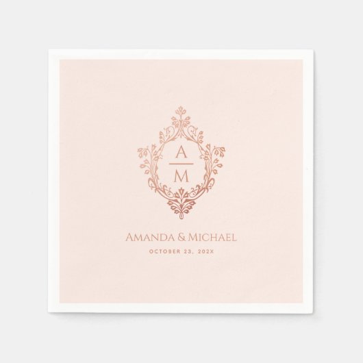 Serviette En Papier Crest Rose Rose Or Monogramme Mariage élégant (Devant)