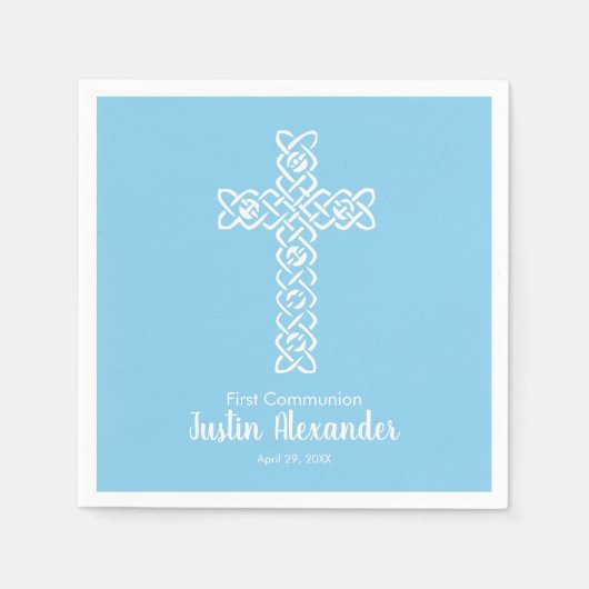 Serviette En Papier Croix | Baby Blue Communion Baptême Christening (Devant)