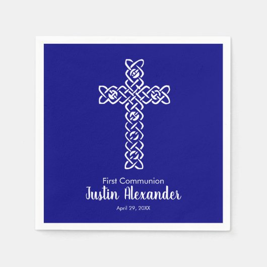 Serviette En Papier Croix | Baptême de communion bleu marine (Devant)