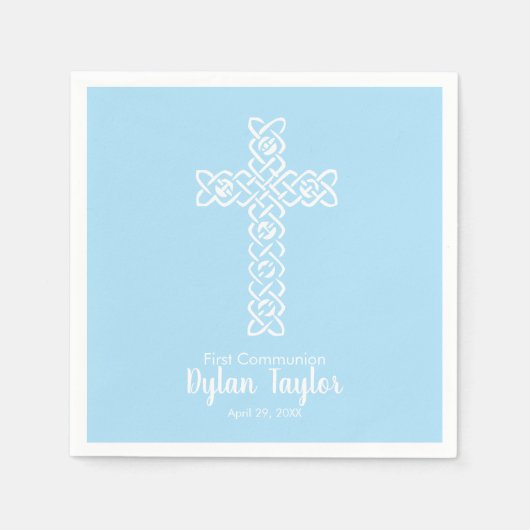 Serviette En Papier Croix blanche bleu pâle Première communion religie (Devant)