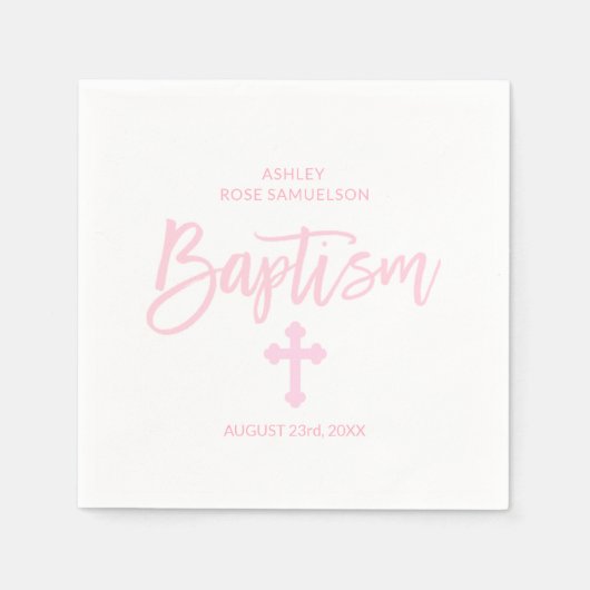 Serviette En Papier Croix blanche rose personnalisée FILLE BAPTISME (Devant)