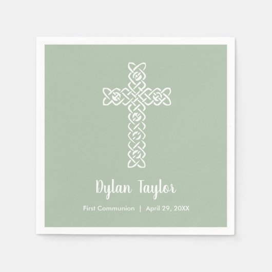 Serviette En Papier Croix Blanche Sage Vert Première communion religie (Devant)