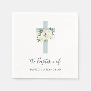 Serviette En Papier Croix Bleue et Fleurs Blanches   Baptême de garçon
