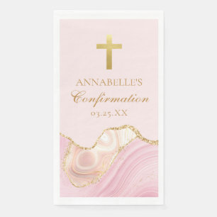 Serviette En Papier Croix chrétienne élégante rose or confirmation