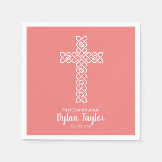 Serviette En Papier Croix | Communion de corail clair Baptême Christen (Devant)