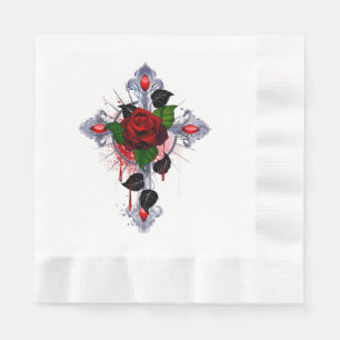 Serviette En Papier Croix d'argent avec une rose rouge