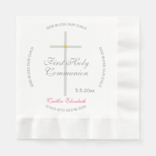 Serviette En Papier Croix d'argent Première communion sacrée Nom rose
