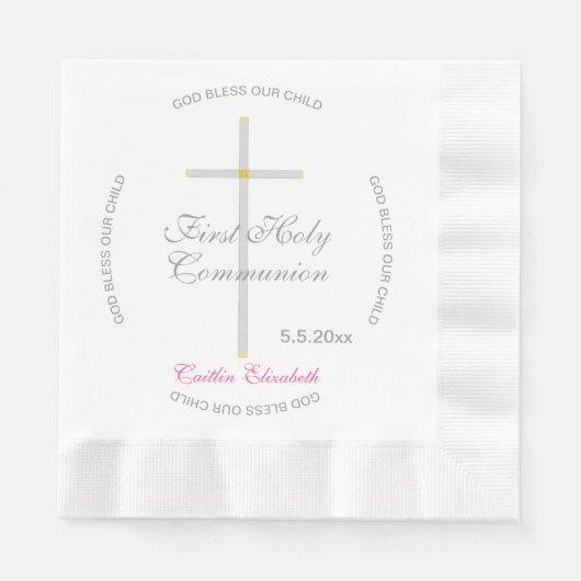 Serviette En Papier Croix d'argent Première communion sacrée Nom rose (Devant)