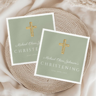 Serviette En Papier Croix de baptême en bois vert sauge Religieux