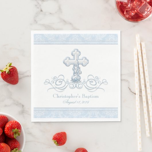 Serviette En Papier Croix de Damas bleu Baptême Communion serviettes (En situation)