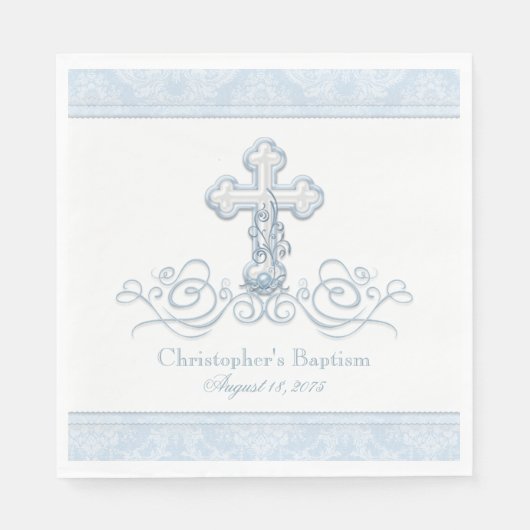Serviette En Papier Croix de Damas bleu Baptême Communion serviettes (Devant)