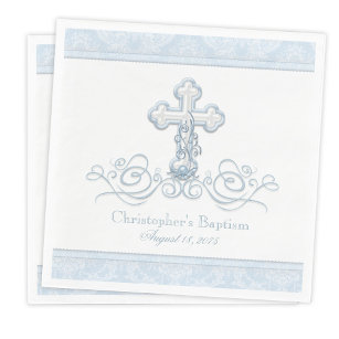 Serviette En Papier Croix de Damas bleu Baptême Communion serviettes