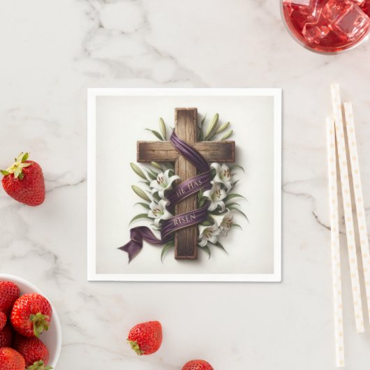 Serviette En Papier Croix de Pâques avec ruban pourpre (En situation)