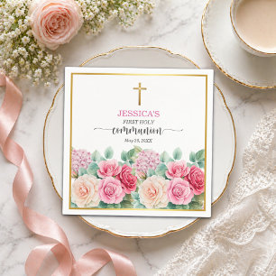 Serviette En Papier Croix d'or de la Première Communion Fleurs Roses p