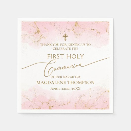Serviette En Papier Croix d'or rose moderne fille première sainte comm (Devant)