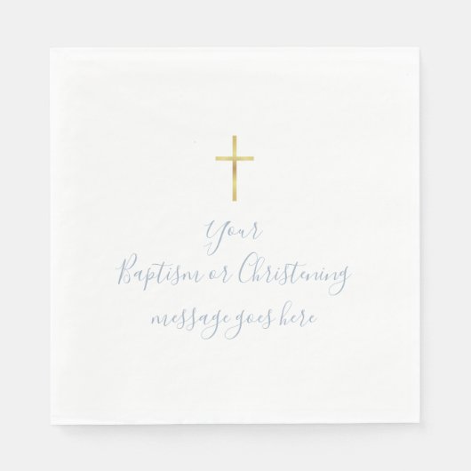 Serviette En Papier Croix d'or simple Baptême Christening Dusty Blue (Devant)