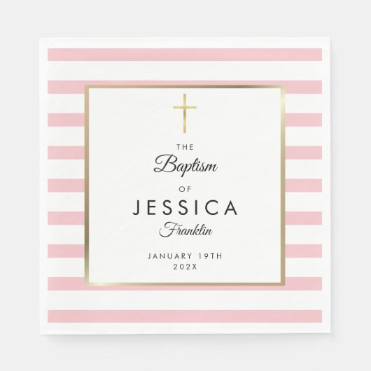 Serviette En Papier Croix dorée Baptême rayure rose (Devant)