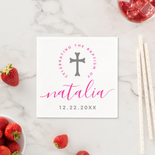 Serviette En Papier Croix du baptême rose
