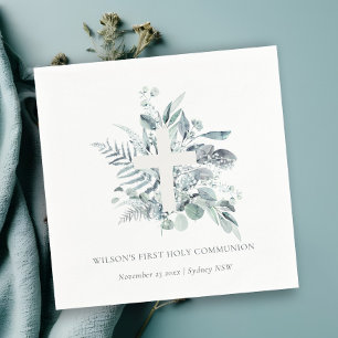 Serviette En Papier Croix du feuillage Eucalyptus Première communion s