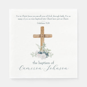 Serviette En Papier Croix en bois Verset de la Bible de baptême blanc