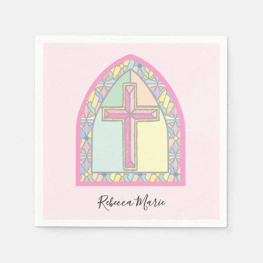 Serviette En Papier Croix en verre rose Première communion serviettes (Devant)