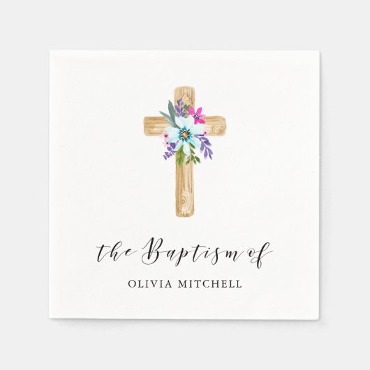 Serviette En Papier Croix et fleurs florales rustiques | Baptême (Devant)