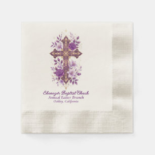 Serviette En Papier Croix Florale à l'Aquarelle Or Violet Élégant