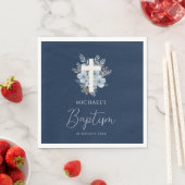 Serviette En Papier croix florale bleu marine baptême (En situation)