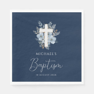 Serviette En Papier croix florale bleu marine baptême