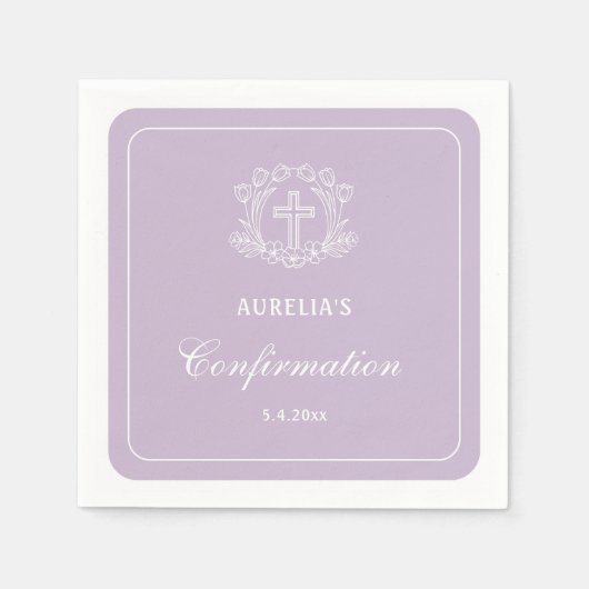 Serviette En Papier Croix florale simple sur Lilac Confirmation (Devant)