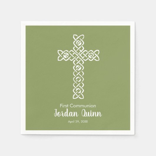 Serviette En Papier Croix | Moss Green Communion Baptism Christening (Devant)