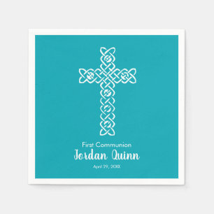 Serviette En Papier Croix   Peacock Blue Communion Baptême Christening