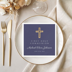 Serviette En Papier Croix Religieuse Bleu Marine Garçon Première Commu