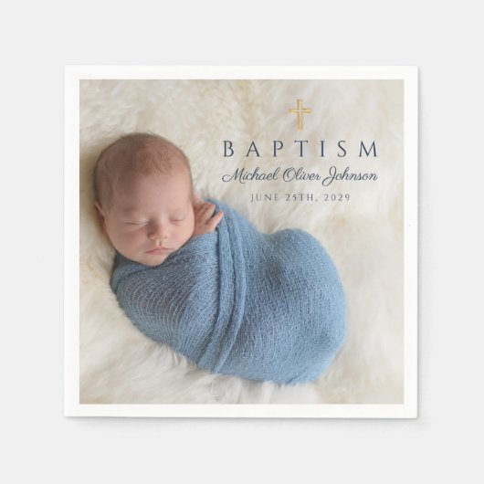 Serviette En Papier Croix religieuse bleu moderne Boy Baptism Photo (Devant)