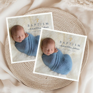 Serviette En Papier Croix religieuse bleu moderne Boy Baptism Photo