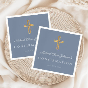 Serviette En Papier Croix Religieuse Bleu Poussiéreux Garçon Confirmat