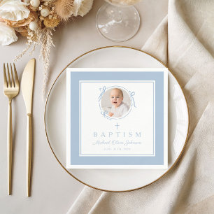 Serviette En Papier Croix Religieuse Bleue Bébé Moderne Baptême Garçon