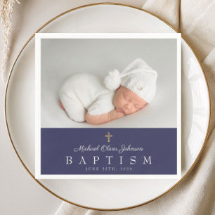 Serviette En Papier Croix religieuse élégante bleu marine Photo Baptêm