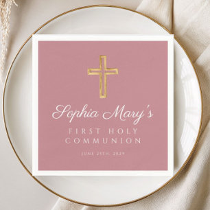 Serviette En Papier Croix religieuse fille rose Première Communion