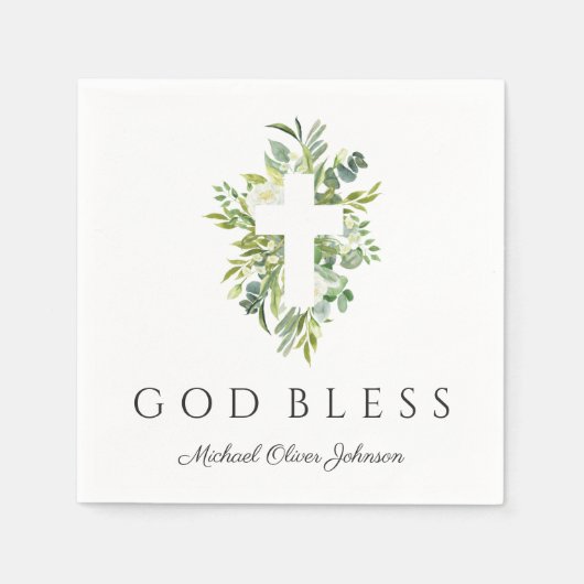 Serviette En Papier Croix religieuse Vert Botanique Dieu béni Baptême (Devant)