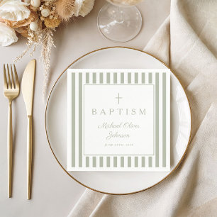 Serviette En Papier Croix Religieuse Vert Sauge Moderne Garçon Baptême