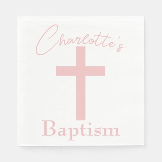 Serviette En Papier Croix rose bébé avec nom personnalisé Baptême (Devant)