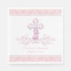 Serviette En Papier Croix rose Damask Filles Baptême Communion serviet